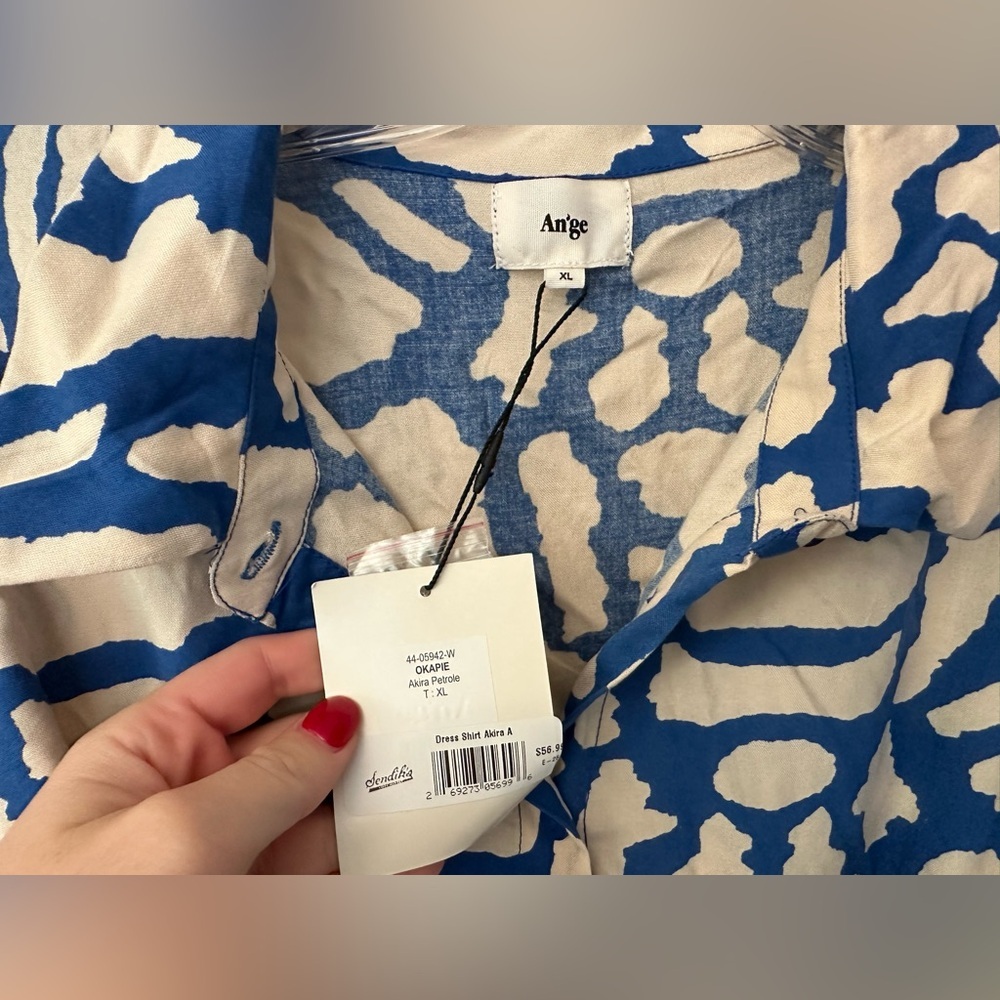 An'ge Blue & Cream Tie-Waist Shirt Dress Boho Chic Normcore Femine Flowy XL - Picture 4 of 5